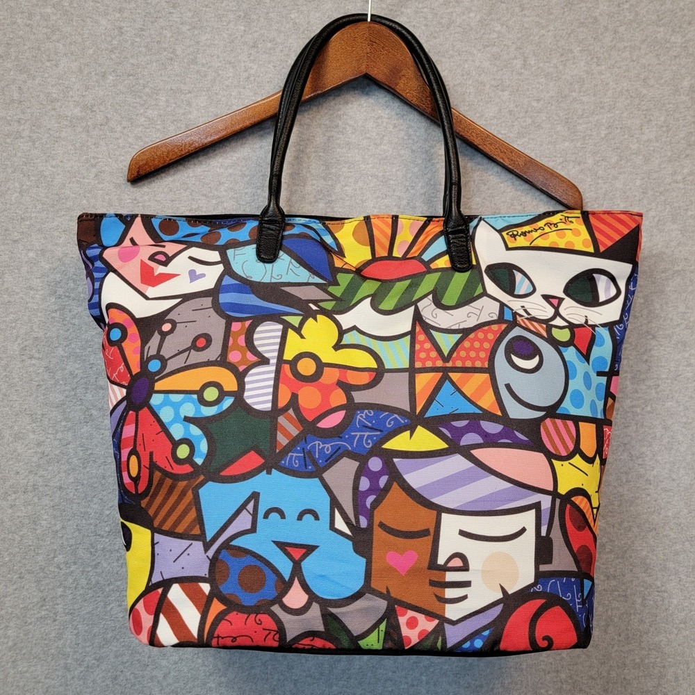 ROMERO BRITTO Art Tote Bag‎ Garden Animals Dog Cat Fish Butterfly Colorful Large